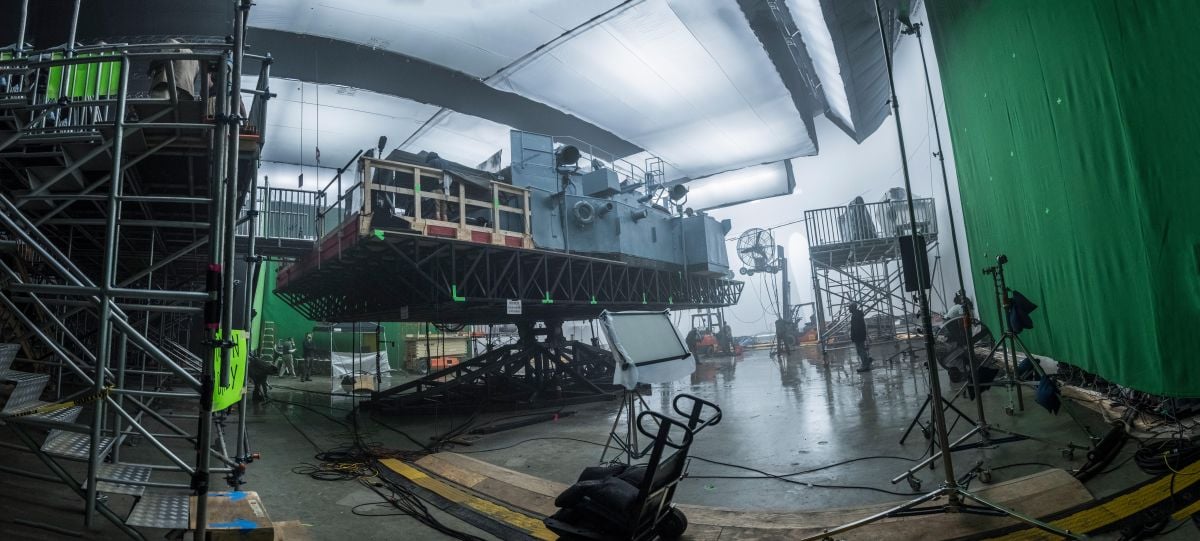 Production designer David Crank and crew built the gimbal-mounted pilothouse and deck of Krause’s vessel, the USS Keeling.