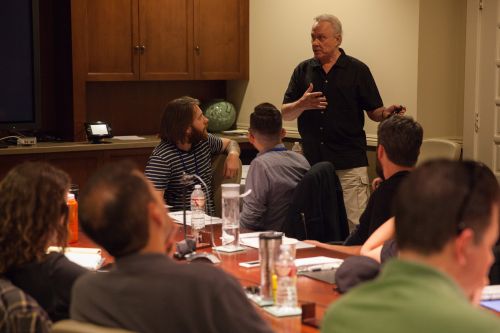 Instructor Don McCuaig, ASC, discusses some clips with Master Class participants.