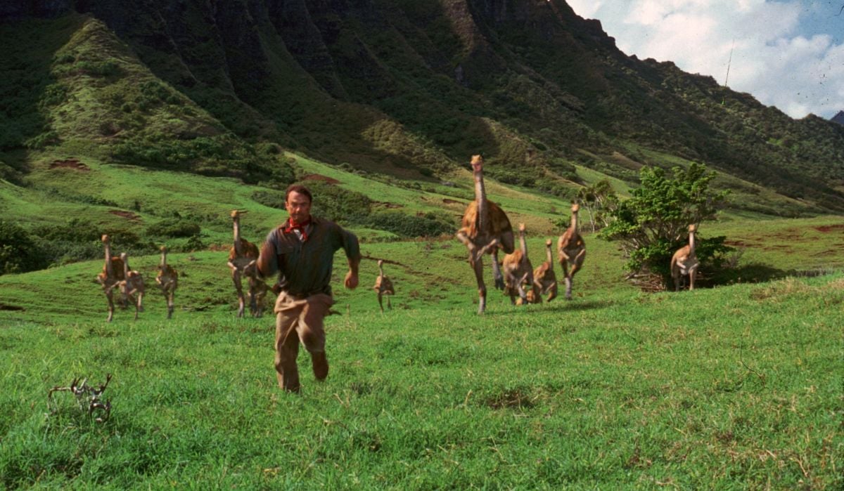 ILM’s animated ostrich-like herd of gallimimus dinosaurs, designed at Stan Winston Studios.