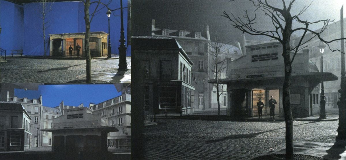 This composite by Cinesite shows Officer Richard Winters (Damian Lewis) exiting a metro station in Paris. The upper-left shot shows the bluescreen live-action element, with the scene's actors standing by a partial set; the shot at the lower-left illustrates the bluescreen (matte) motion-control pass of miniature French buildings, and the shot on the far right shows the finished composite.