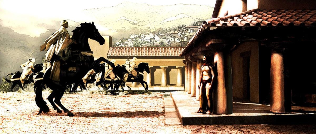 The image was revised for the production to better show employ the wide frame. “We weren't completely faithful to the Frank Miller drawing because Zack and and I wanted to open it up and show off a bit of Sparta and surroundings,” says production designer Jim Bissell. Illustration by Meinert Hansen and Grant Freckelton.